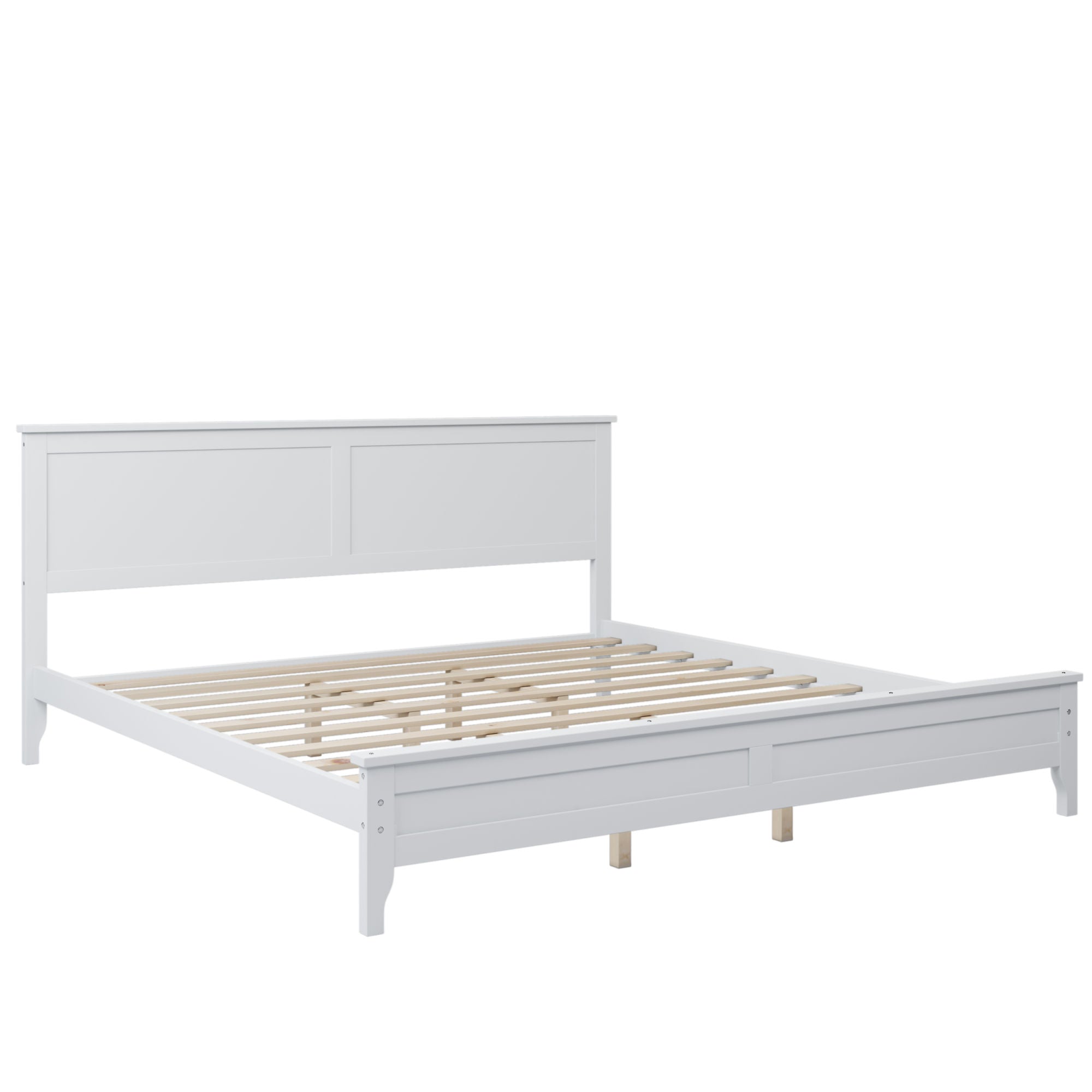 A Modern White Solid Wood King Platform Bed with a wooden headboard and footboard.
