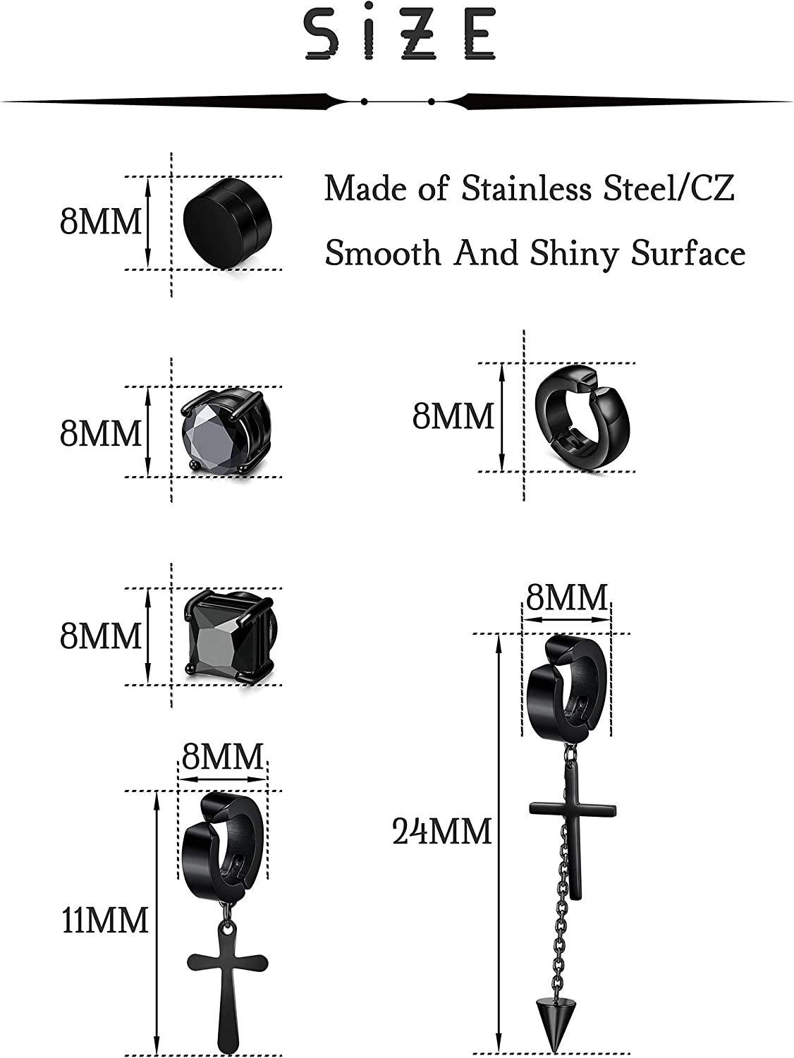 The Stainless Non Piercing Magnetic Earrings for Men and Women include a set of six pairs of high-quality, black earrings, featuring two pairs of studs, one pair of hoops with crosses, one pair of square-shaped studs, and one pair of hoops with chain crosses and pointed ends.