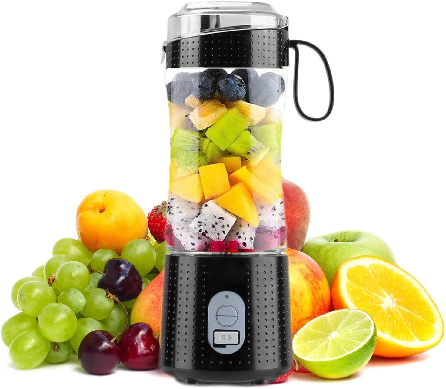 A Portable Electric Juicer Cup Fruit Blender Maker Bottle Mixer USB Rechargeable filled with fruits and vegetables.