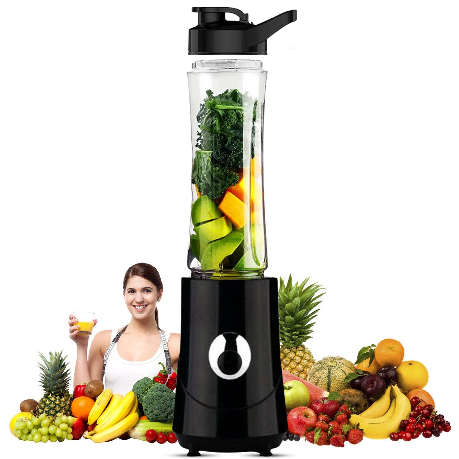 A woman is standing in front of a 5 Core 500ml Personal Blender and Nutrient Extractor For Juicer; Shakes and Smoothies; 160W licuadora portátil filled with fruits and vegetables.