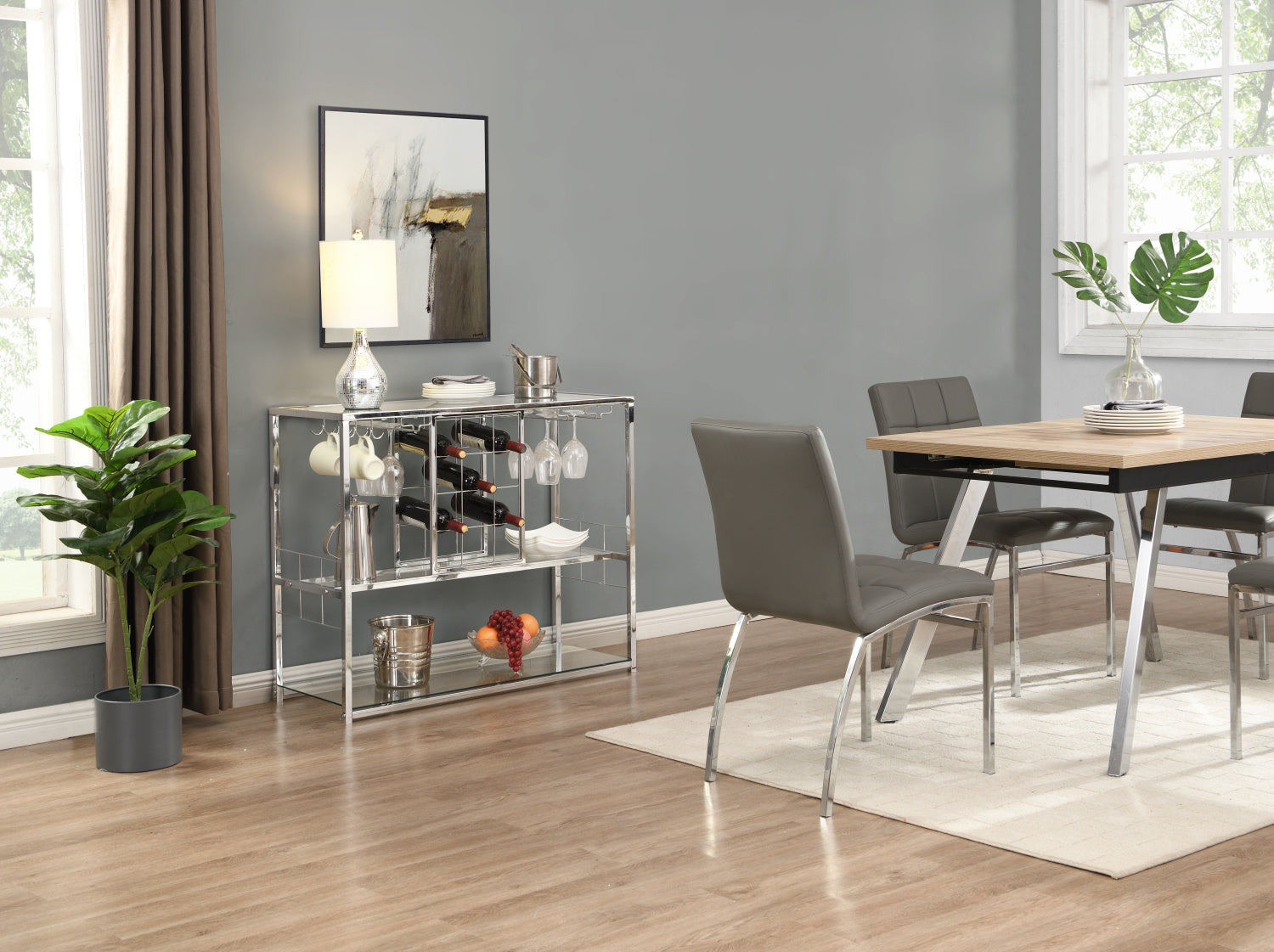 A sleek and contemporary Bar Serving Cart with Glass Holder and Wine Rack, 3-Tier Kitchen Trolley in a living room, featuring tempered glass for added durability and a stylish chrome-finished metal frame for easy access and storage.