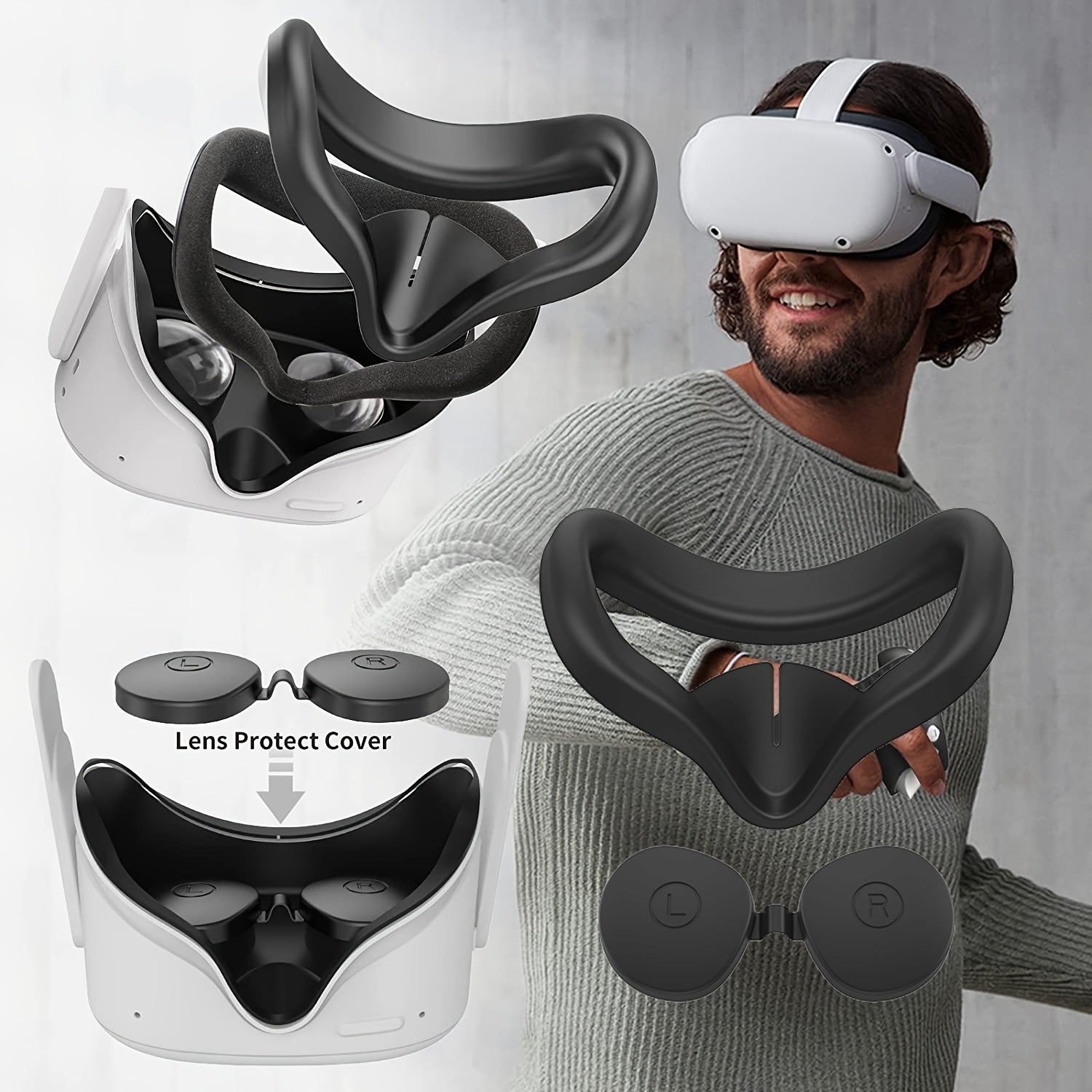 Silicone Face Cover Eye Mask and Lens Cover for Oculus Quest 2 VR Accessories, displayed separately on a white background, showcasing detailed craftsmanship.