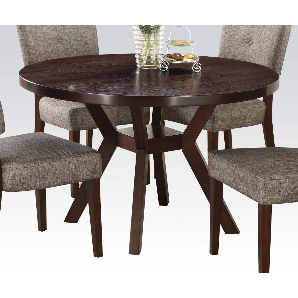 A Drake Dining Table in Espresso with four chairs and a vase.