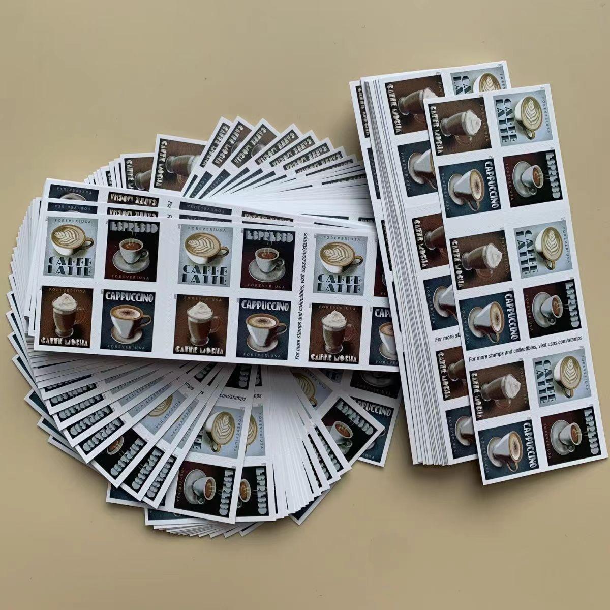 A fan-shaped array of postage stamps featuring various Espresso Drinks 2021 - 5 Booklets / 100 Pcs designs on a white background.