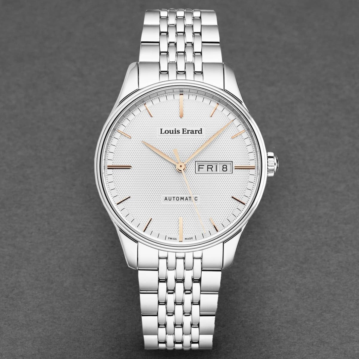 A Louis Erard Men's 'Heritage' Silver Dial Silver Stainless Steel Bracelet Automatic Watch 72288AA31.BMA88 with a silver dial on a white background.