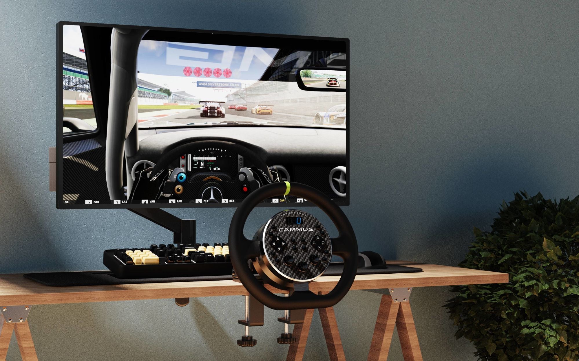 A CAMMUS C5 Direct Drive Base Racing Wheel For PC Games, featuring the word CAMMUS prominently displayed on its steering wheel.