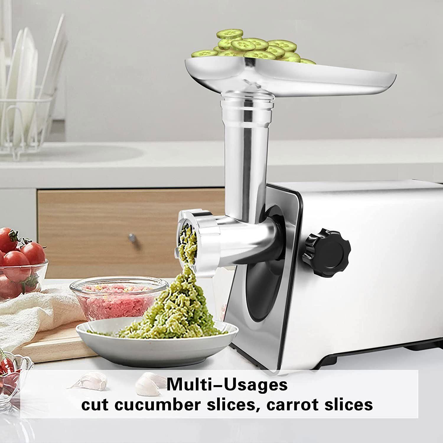 A Simple Deluxe Electric Meat Grinder with meat and other ingredients.
