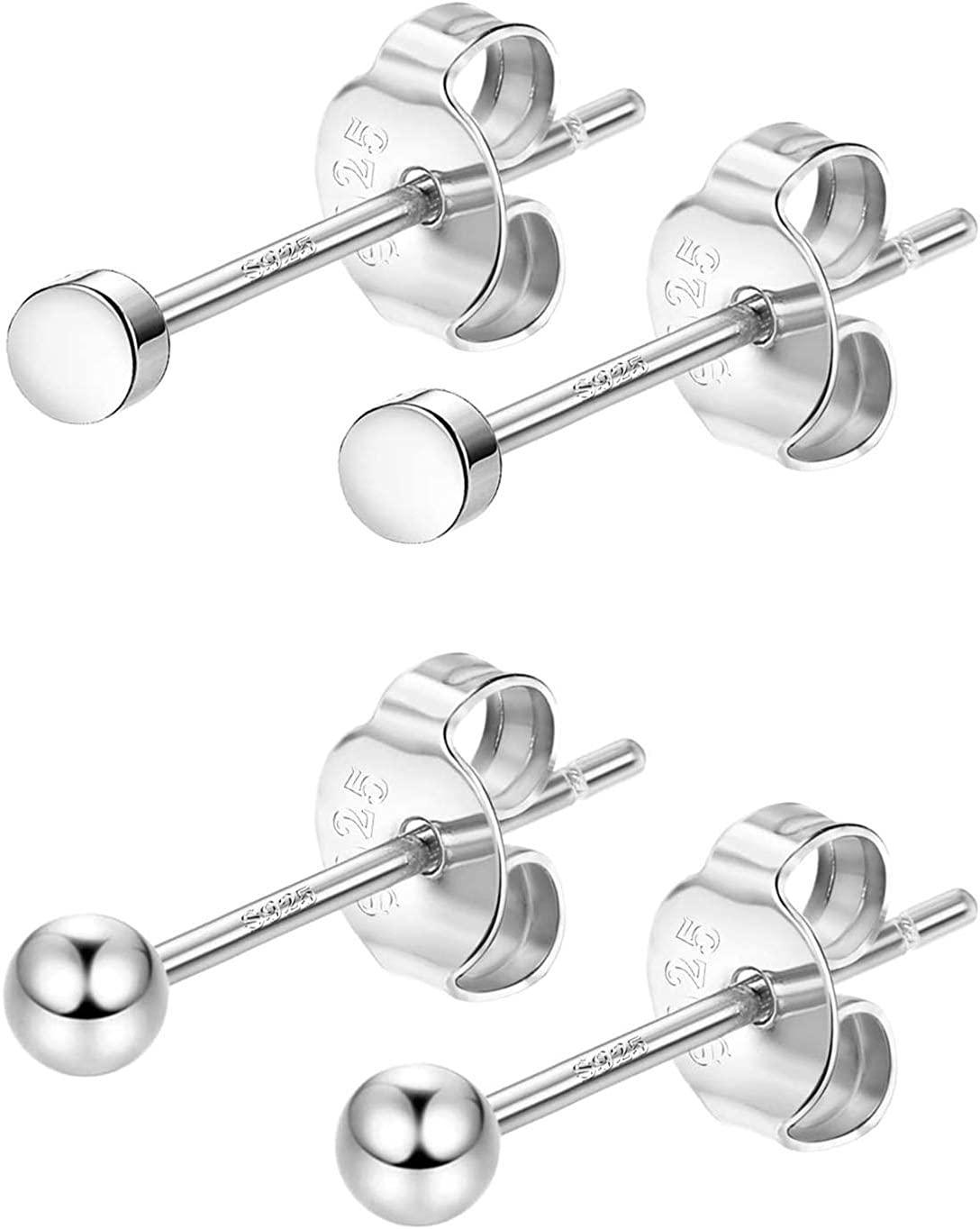 2 Pairs Ball Tiny Stud Earrings Sets For Women Men Dot Earrings Sterling Silver 4mm