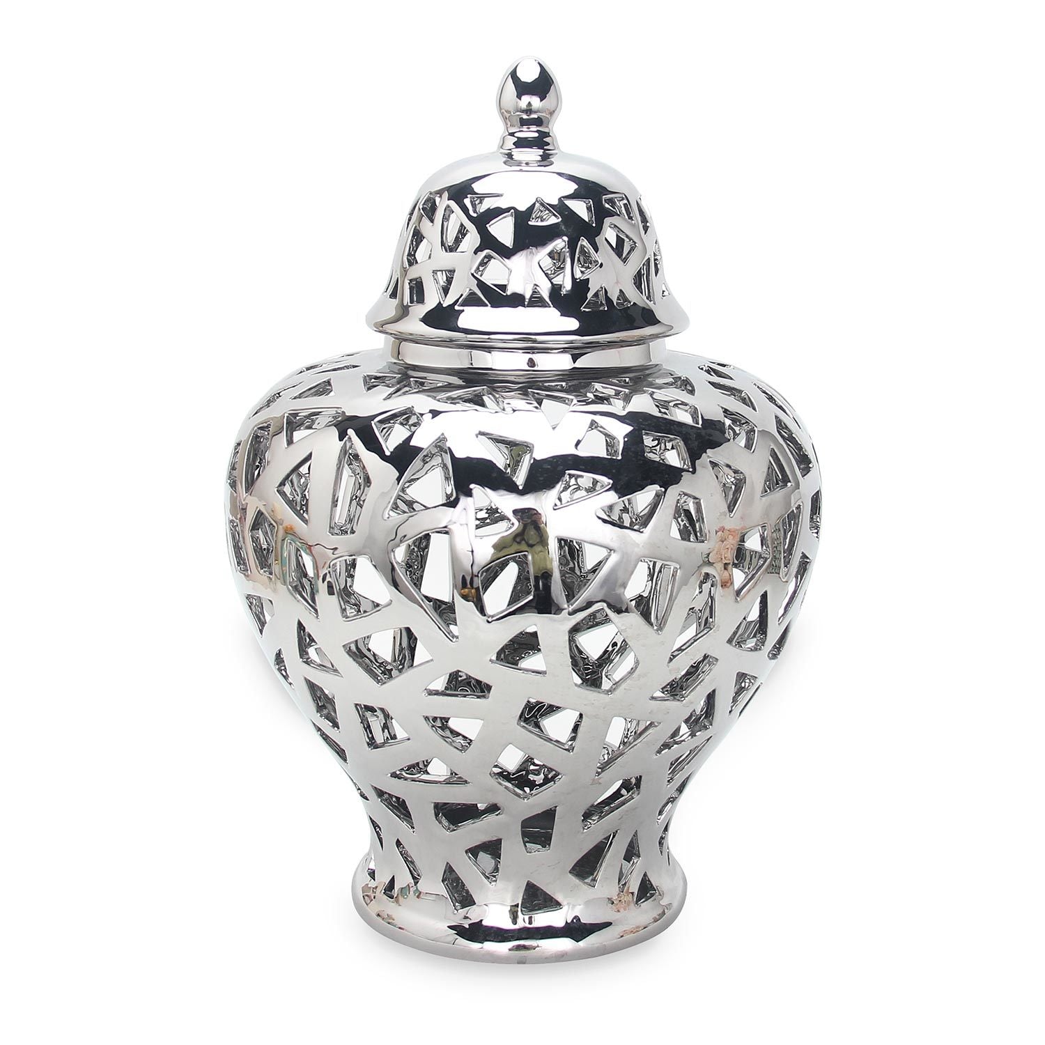A decorative object, the Silver Ceramic Ginger Jar Vase with Decorative Design adds an element of decor style to any space.