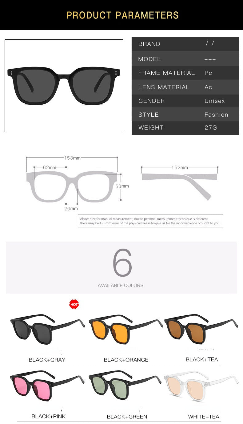 Fashion Square Sunglasses Women Rivets Oversized Sunglass Vintage Sun Glass Men Driving Eyewear UV400 Green Yellow Shades with UV blocking lenses and the text "black+tea" above them on a white background.