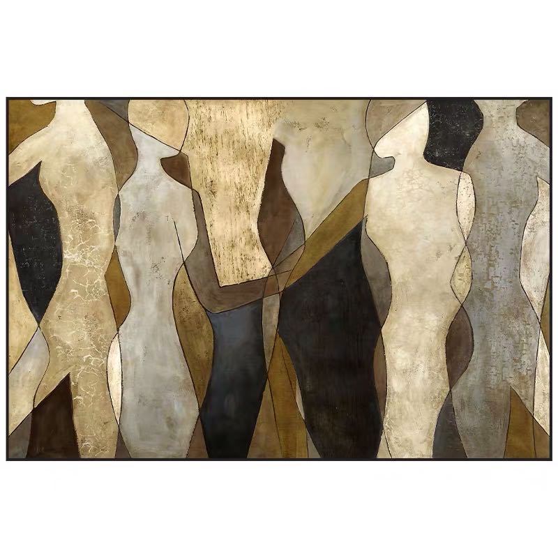 100% Hand Painted Abstract Oil Painting featuring interlocking shapes in shades of gold, black, and beige, arranged in a flowing, organic pattern on a canvas.