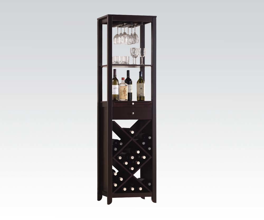 A Casey Wine Cabinet in Wenge YJ providing storage for wine bottles and glasses.