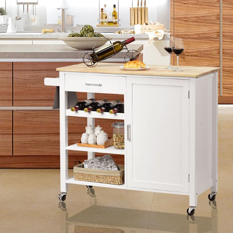 A waterproof Rolling Storage Cabinet Kitchen Cart For Home And Bar Commercial Usage with spacious shelves and bread on it.