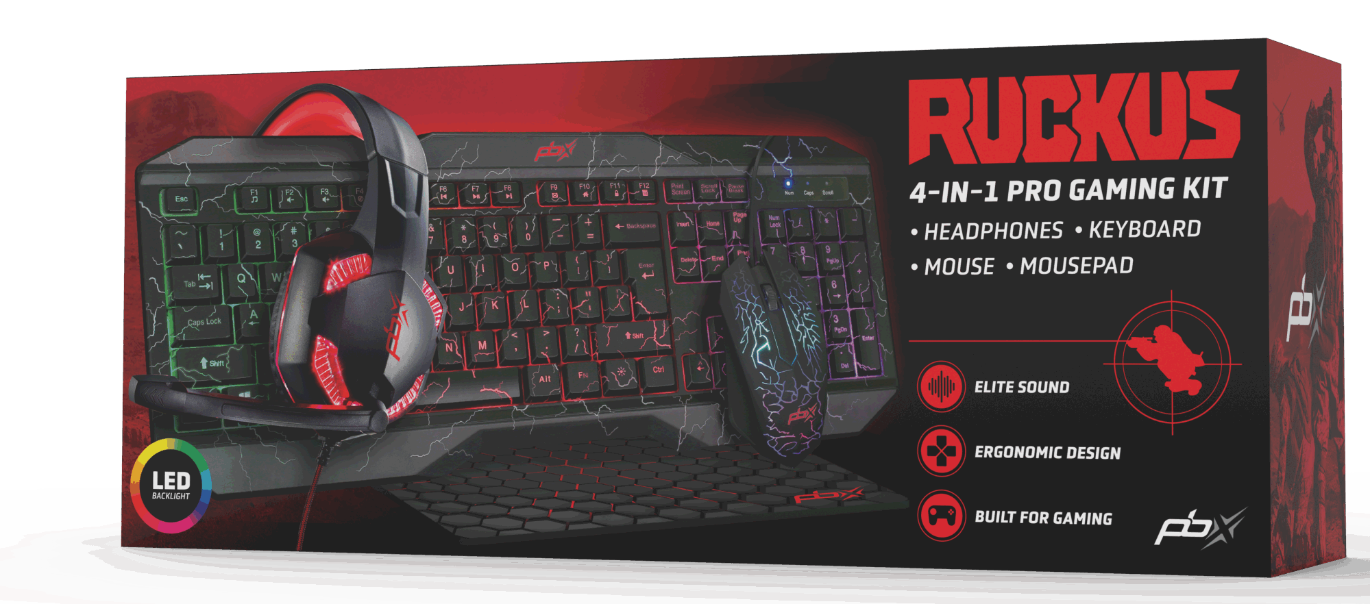 Gaming keyboard with multicolored backlighting and a headset with red accents placed on top, both on a 4-IN-1 Pro Gaming Kit Headphones Keyboard Mouse - Mousepad, against a dark background.