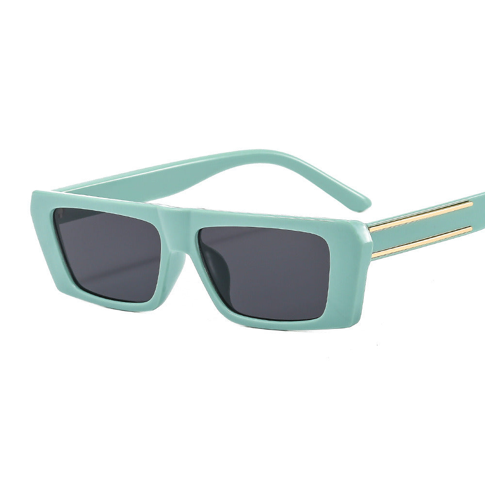 Mint green square Fashonrectangle sunglasses with UV blocking lens and metallic arms on a white background.