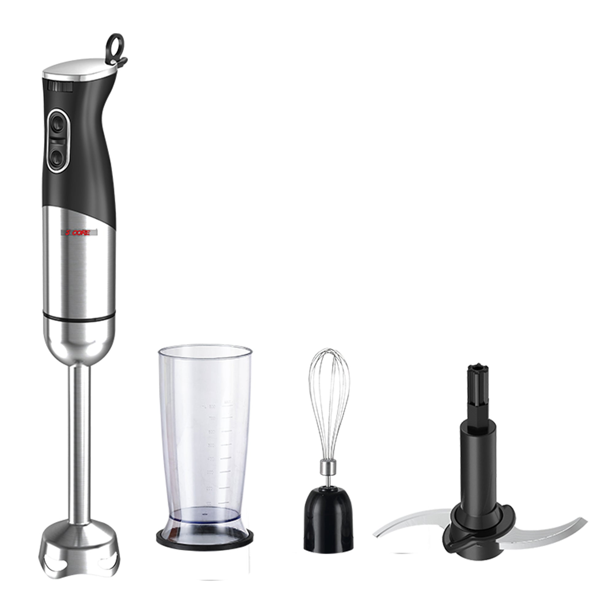 An 5Core 400W Immersion Hand Blender Multifunctional Electric 9 speed 2 accessories HB 1516 with fruit and a glass of juice.