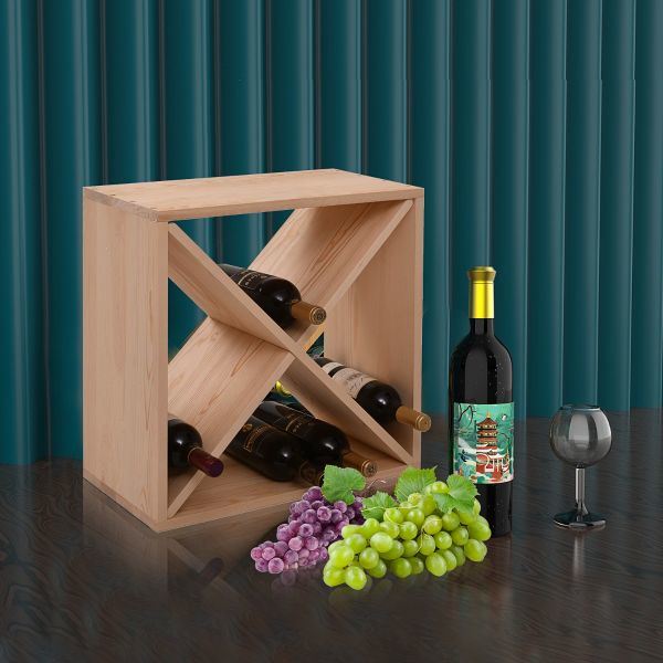A 24 Bottle Modular Wine Rack, Stackable Wine Storage Cube for Bar Cellar Kitchen Dining Room, Burlywood capable of holding 24 bottles, positioned in front of a blue wall.