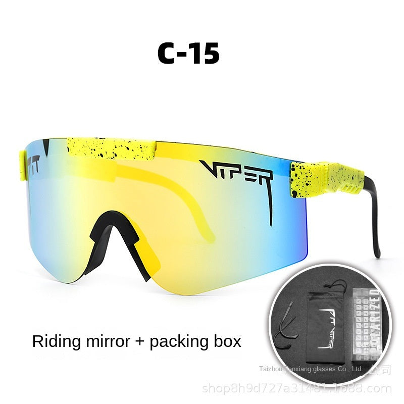 A pair of Pits Viper Riding Glasses Outdoor Sports Sunglasses for men, featuring "VIPER" branding on the lens and frame, with a red and white pattern on the arms. Designed for outdoor sports, they offer UV400 protection and come labeled "C-21," including a riding mirror and packing box.