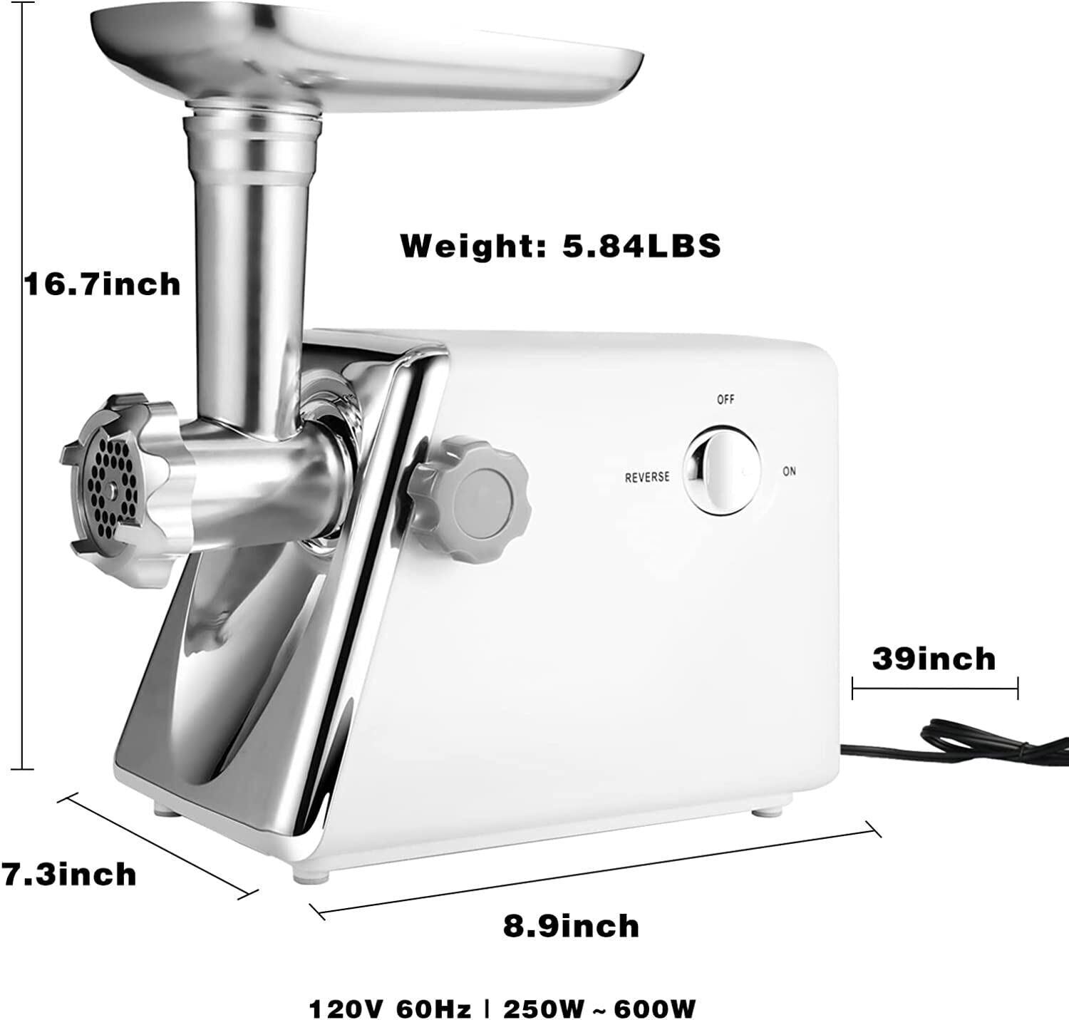 A person is using the Simple Deluxe Electric Meat Grinder; Heavy Duty Meat Mincer; Food Grinder with Sausage &amp; Kubbe Kit; 3 Grinder Plates; 600W Power; Easy to Clean and Install; Suitable for Home Kitchen; White to mince meat.