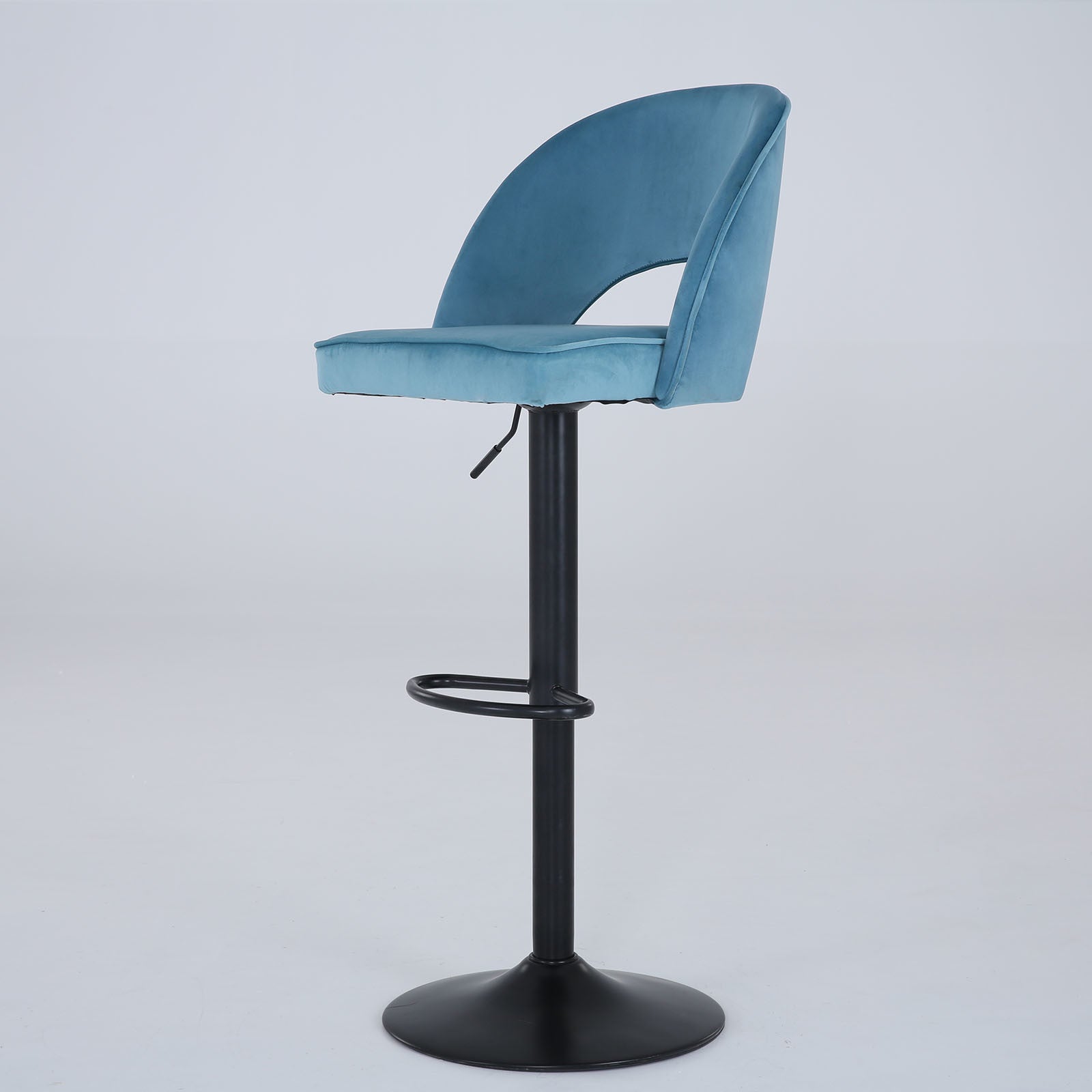 Modern Bar Stool with a curved backrest and an adjustable height black pedestal base, isolated on a white background.