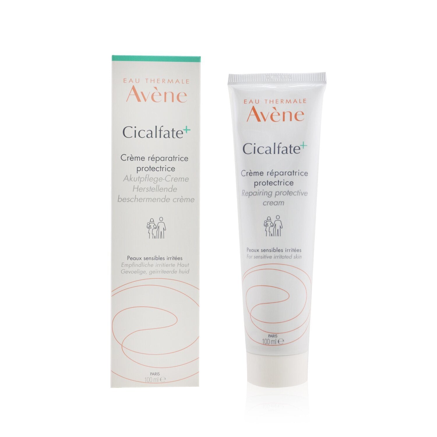 A tube of Cicalfate+ Repairing Protective Cream on a white background, promoting skin recovery and hydration levels.