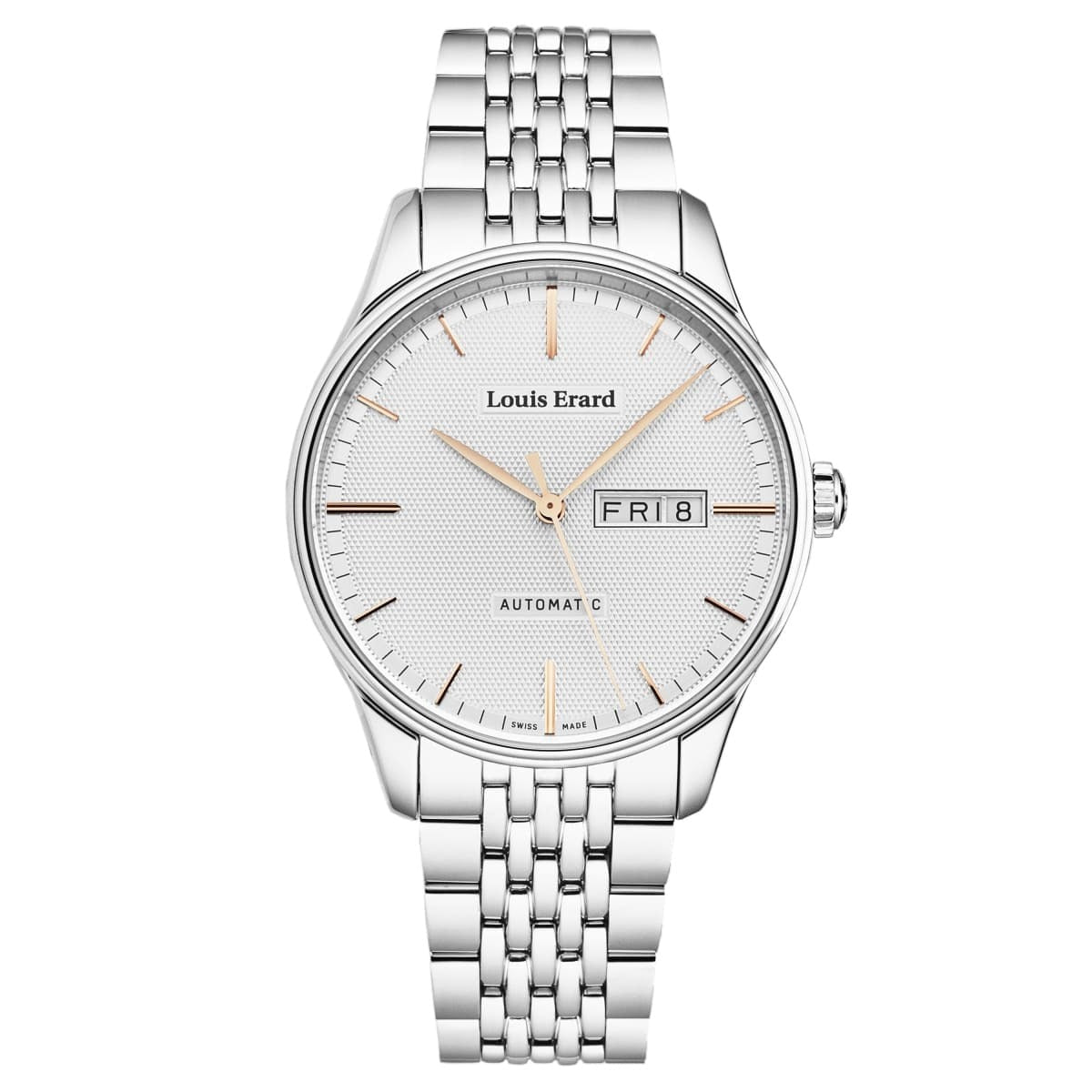 A Louis Erard Men's 'Heritage' Silver Dial Silver Stainless Steel Bracelet Automatic Watch 72288AA31.BMA88 with a silver dial on a white background.