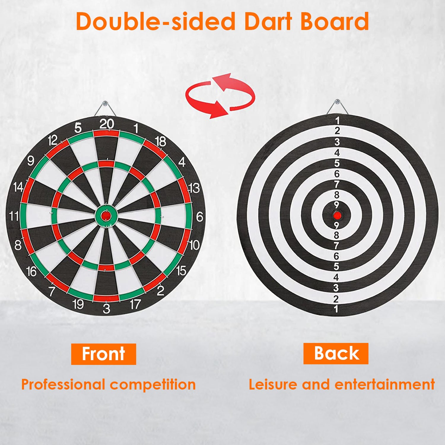 16in Dart Board Game Set 6 Steel Tip Darts Double-sided Dartboard Outdoor Indoor Party Game Set with six darts (three red, three green) embedded in various scoring areas, isolated on a white background.