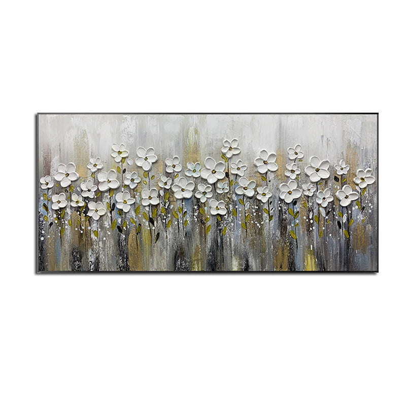Abstract oil painting featuring white flowers on a muted background with silver and gold accents, Handmade Gold Foil Abstract Oil Painting Wall Art Modern Minimalist White Flowers Canvas Home Decorative For Living Room No Frame.
