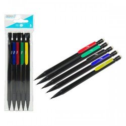 Pack of five black 0.5mm Mechanical Pencils with colored tips (red, green, blue, yellow, purple) in clear packaging.