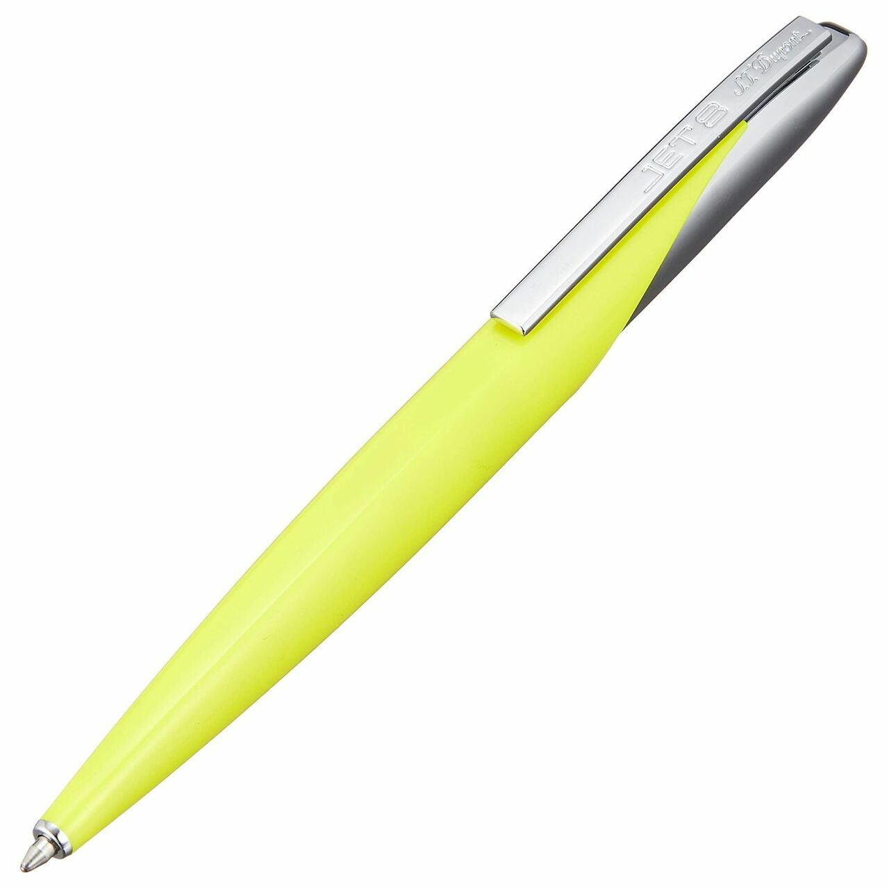 A S.T. Dupont Jet 8 Sunny Resin Yellow w/ Chrome Trim Ballpoint Pen - In Box - 444107 with a metallic structure on a white background.