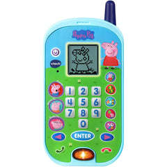 A VTech Peppa Pig Let's Chat Learning Phone featuring a Peppa Pig design, numeric keypad, function buttons, and a small screen displaying a Peppa Pig image. It also offers voice-activated conversations and fun learning games for an engaging playtime experience.