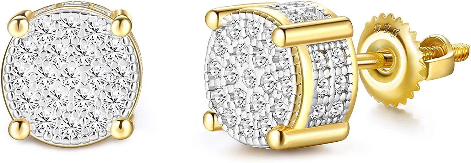 Round Stud Earrings for Men and Women, 14K Gold-Plated and Iced Out with Cubic Zirconia, featuring 925 Sterling Silver Screw-Back clasps. Perfect for Streetwear, Rapper Micropave, or Hip Hop Jewelry.
