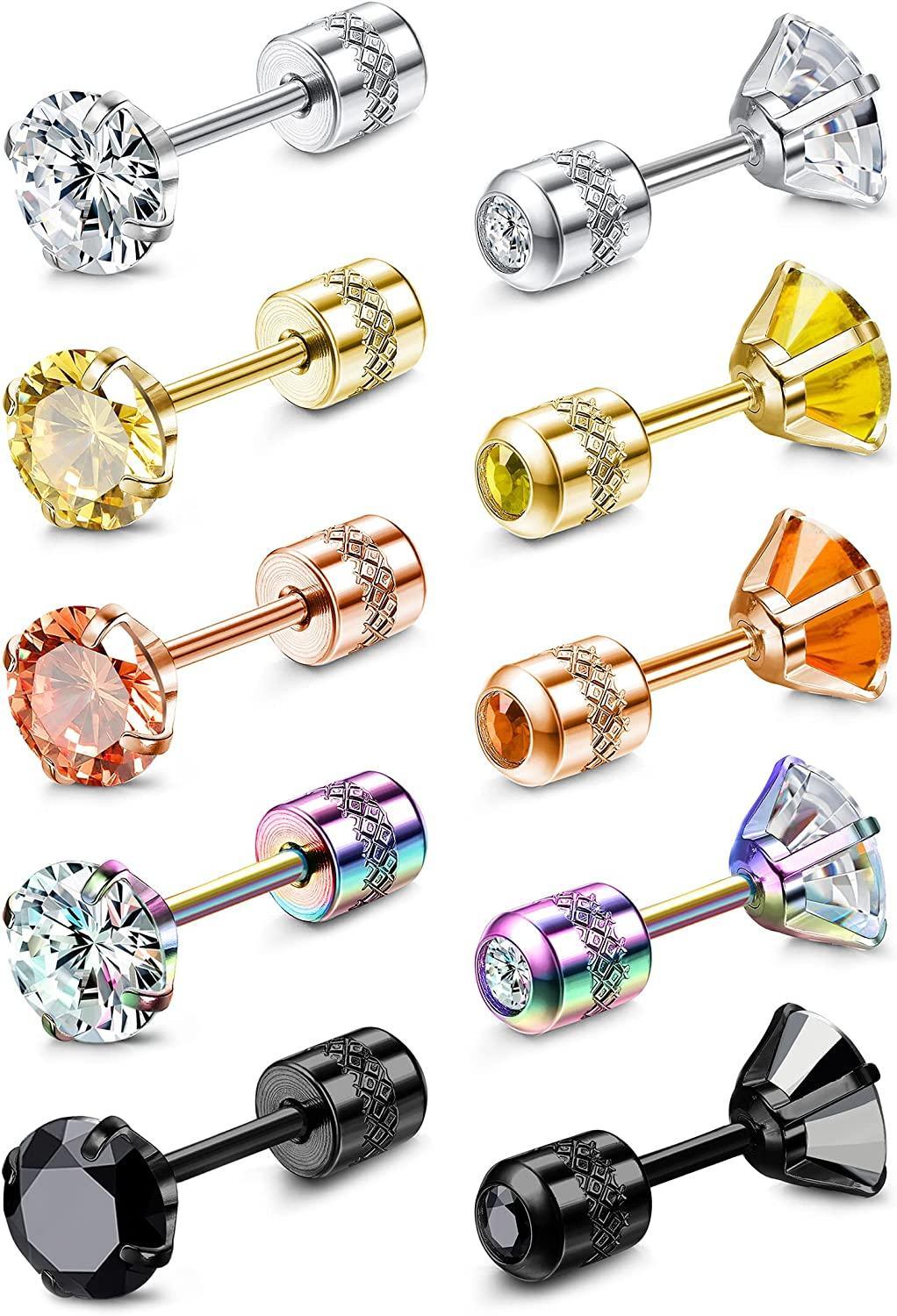 Assorted 5 Pairs Stud Earrings Set For Women Men in various colors and metal finishes, including silver, gold, rose gold, and black, each featuring a single cubic zirconia.