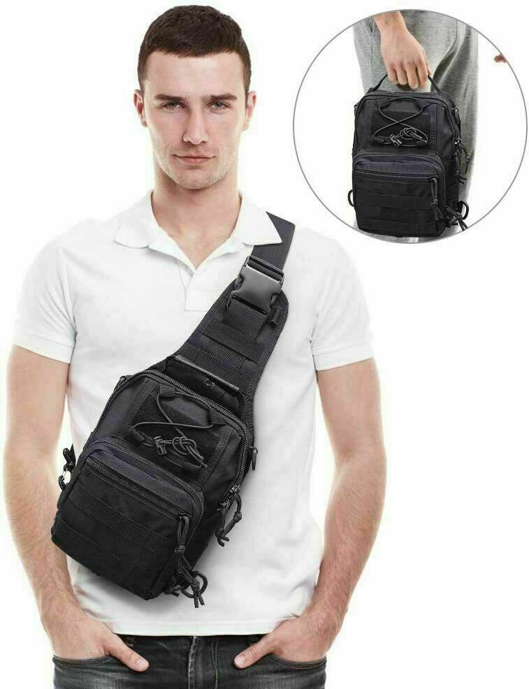 A man wearing a black Doba Men Backpack Tactical Sling Bag Chest Shoulder Body Molle Day Pack Pouch with an american flag.
