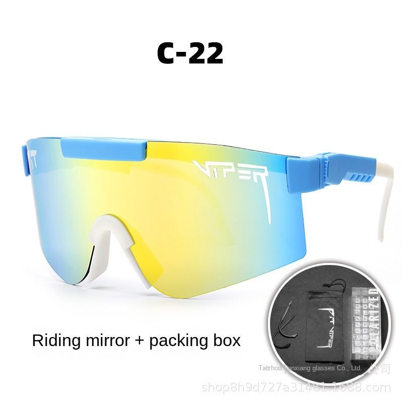 A pair of Pits Viper Riding Glasses Outdoor Sports Sunglasses for men, featuring "VIPER" branding on the lens and frame, with a red and white pattern on the arms. Designed for outdoor sports, they offer UV400 protection and come labeled "C-21," including a riding mirror and packing box.