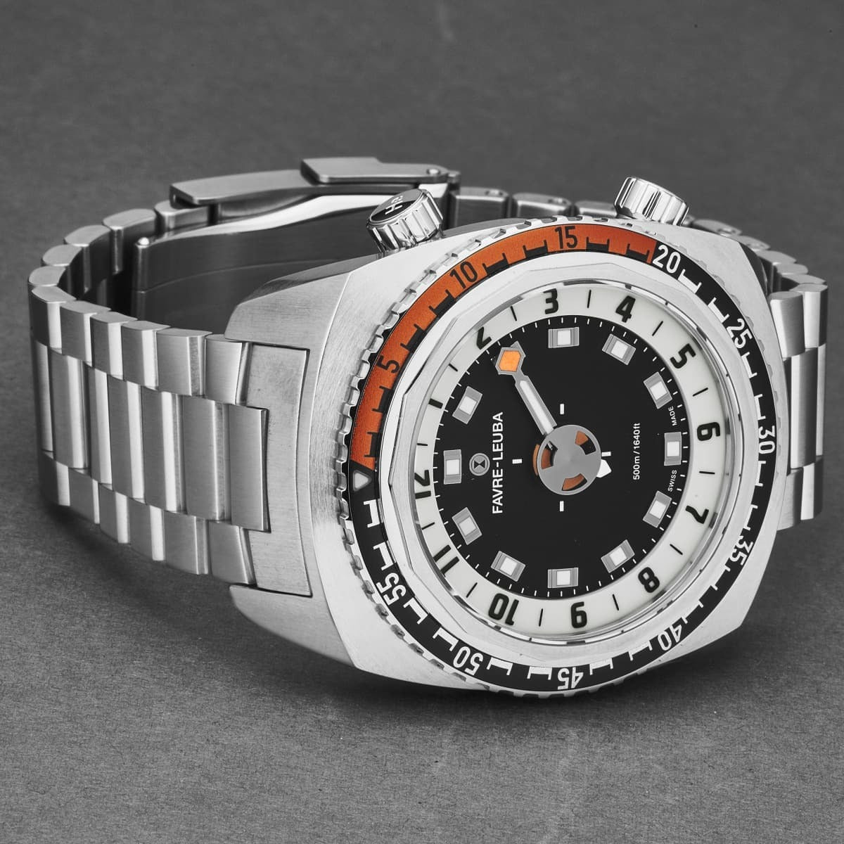 A Favre-Leuba Men's 00.10101.08.13.20 'Raider Harpoon' Black White Dial Stainless Steel Bracelet Automatic Watch with a black and orange design, showcased on a white background.