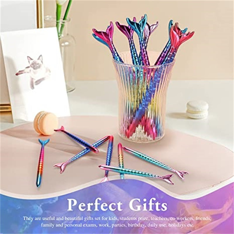 Five colorful 5 Pcs Mermaid Design Ballpoint Pens arranged in a row on a white background.