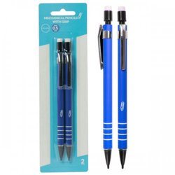 Two 0.5mm Mechanical Pencils With Grip (2pk) in blue and black, displayed next to their packaging, labeled as 0.5mm lead size.