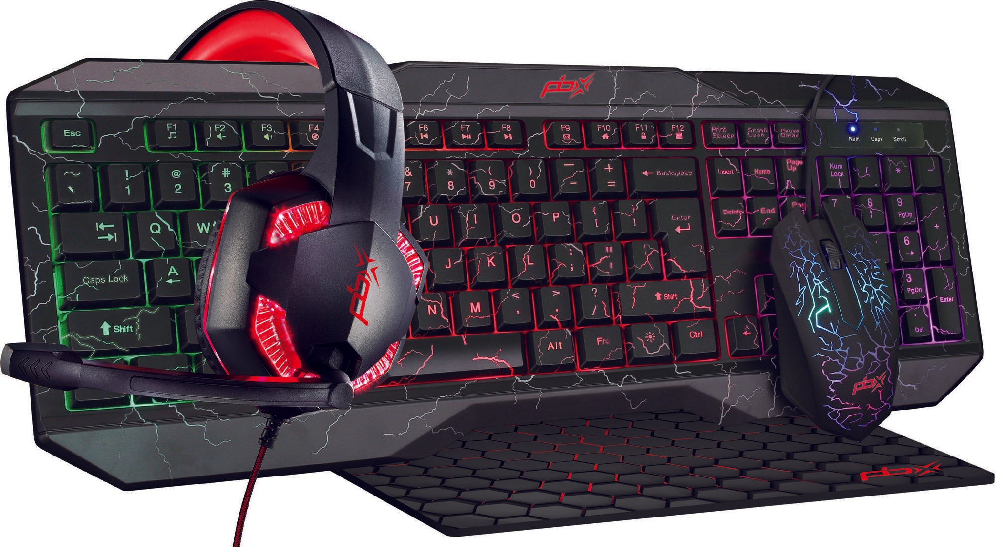 Gaming keyboard with multicolored backlighting and a headset with red accents placed on top, both on a 4-IN-1 Pro Gaming Kit Headphones Keyboard Mouse - Mousepad, against a dark background.