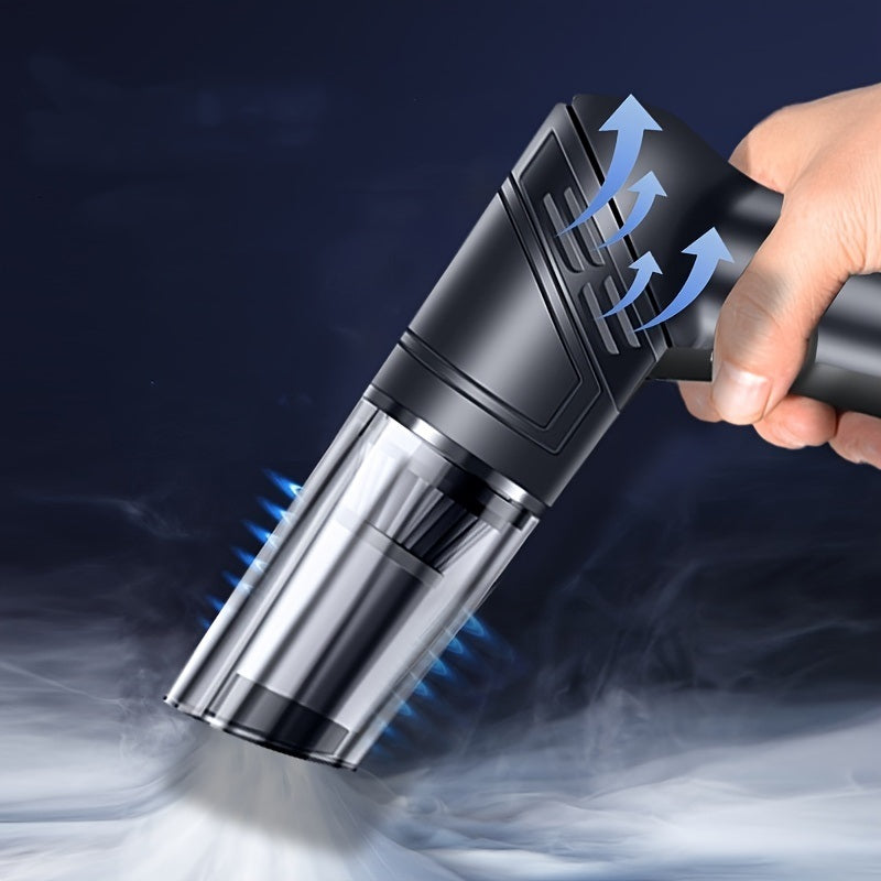 Two images of a Car Vacuum Cleaner with interchangeable parts and precise temperature control are depicted on an isolated white background.