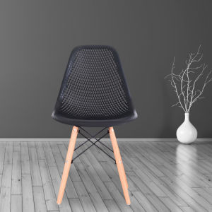 The Set of 4 Modern Style Dining Chairs are mid-century modern side chairs with a black plastic shell lounge design, wooden walnut legs, and metal supports, perfect for your kitchen, dining room, bedroom, or living room.