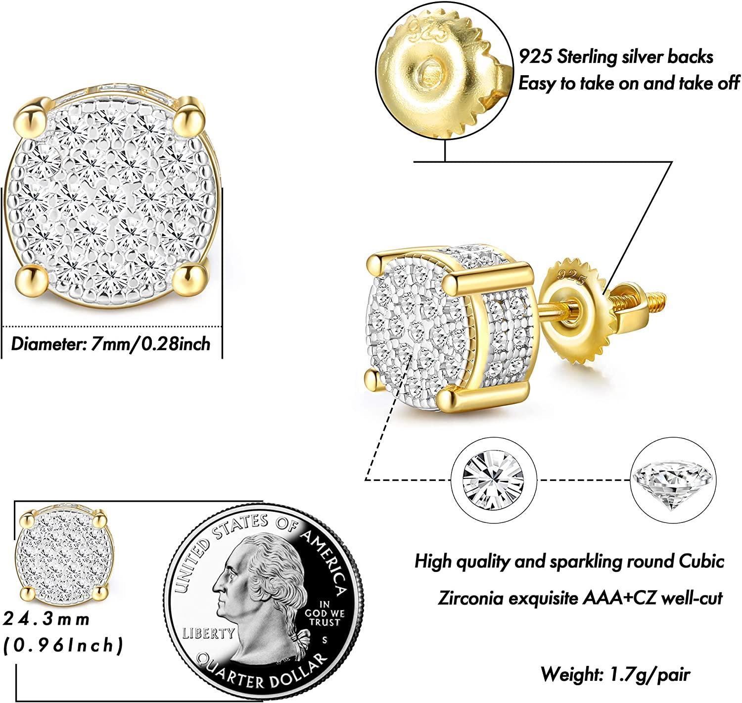 Round Stud Earrings for Men and Women, 14K Gold-Plated and Iced Out with Cubic Zirconia, featuring 925 Sterling Silver Screw-Back clasps. Perfect for Streetwear, Rapper Micropave, or Hip Hop Jewelry.