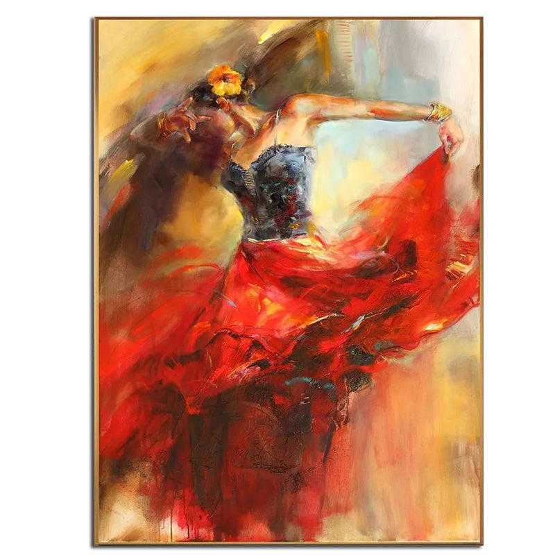 Ha's Art 100% Hand Painted Abstract Oil Painting Wall Art Modern Beautiful Dancing Girl Picture Canvas Home Decor For Living Room Bedroom No Frame of a flamenco dancer in a red dress, depicted with dynamic, expressive brush strokes.