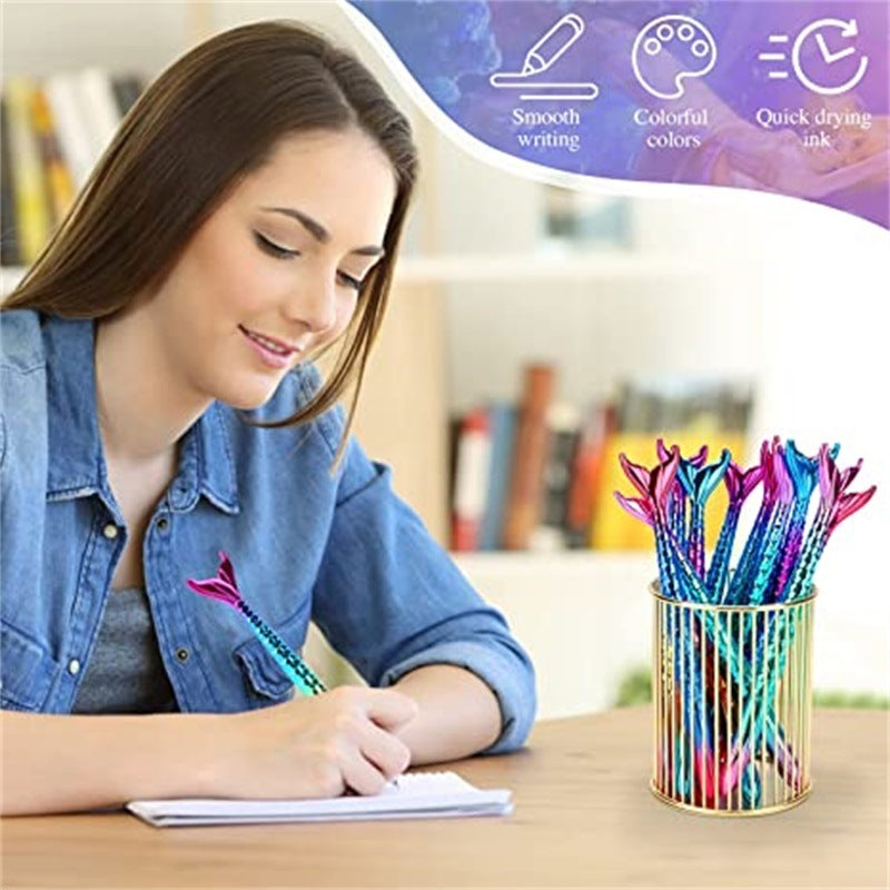 Five colorful 5 Pcs Mermaid Design Ballpoint Pens arranged in a row on a white background.