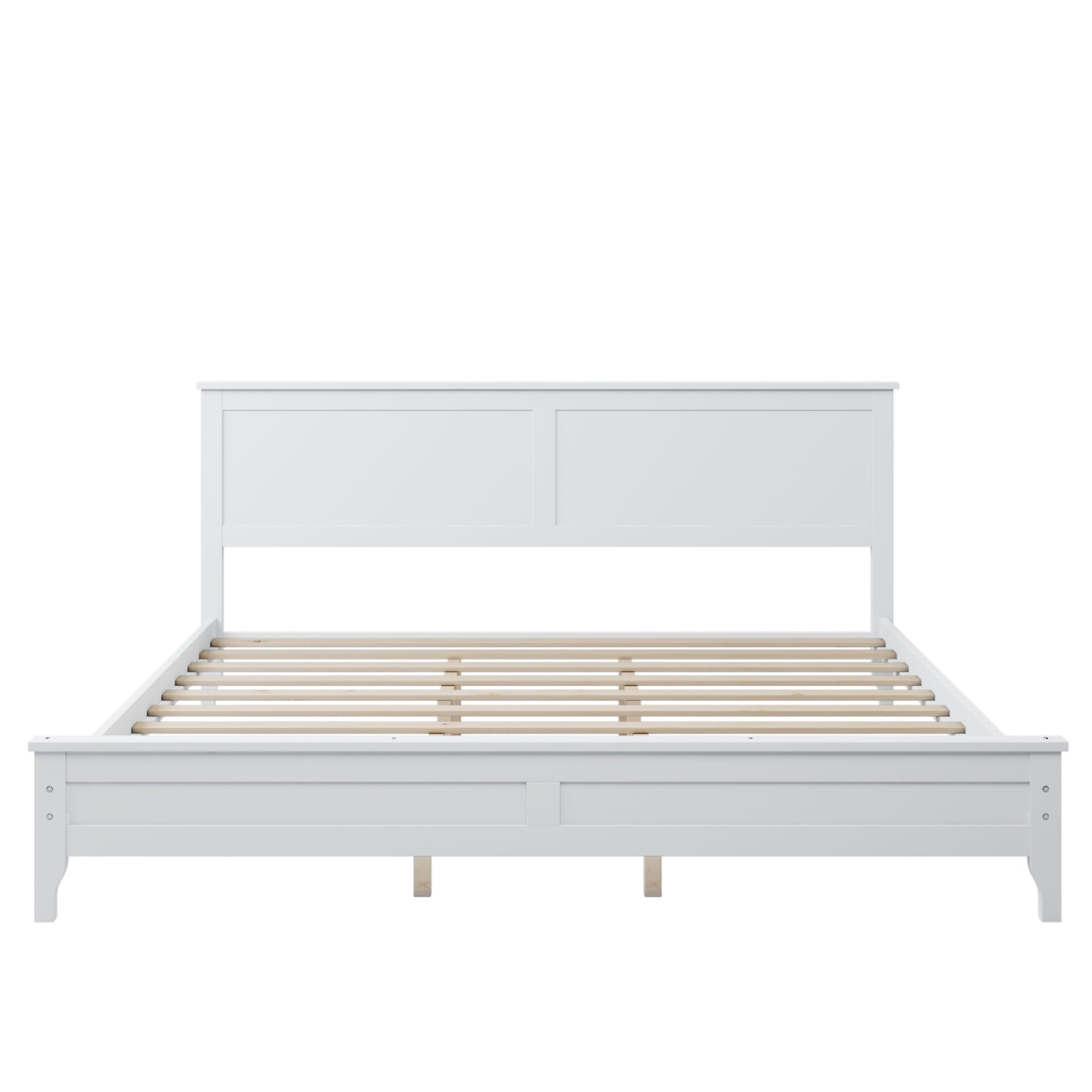 A Modern White Solid Wood King Platform Bed with a wooden headboard and footboard.