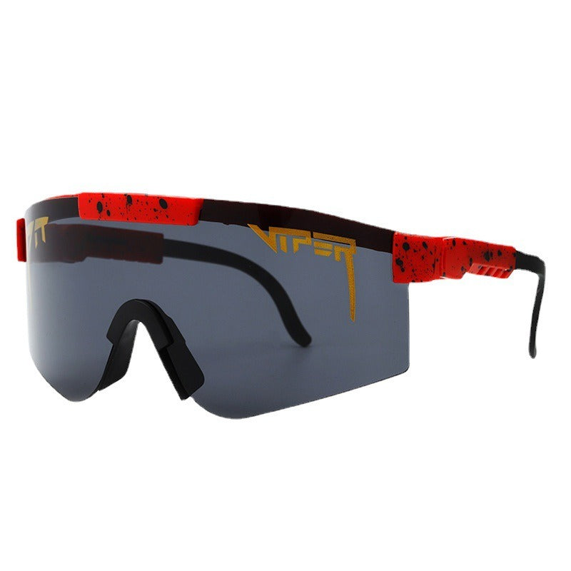 A pair of Pits Viper Riding Glasses Outdoor Sports Sunglasses for men, featuring "VIPER" branding on the lens and frame, with a red and white pattern on the arms. Designed for outdoor sports, they offer UV400 protection and come labeled "C-21," including a riding mirror and packing box.
