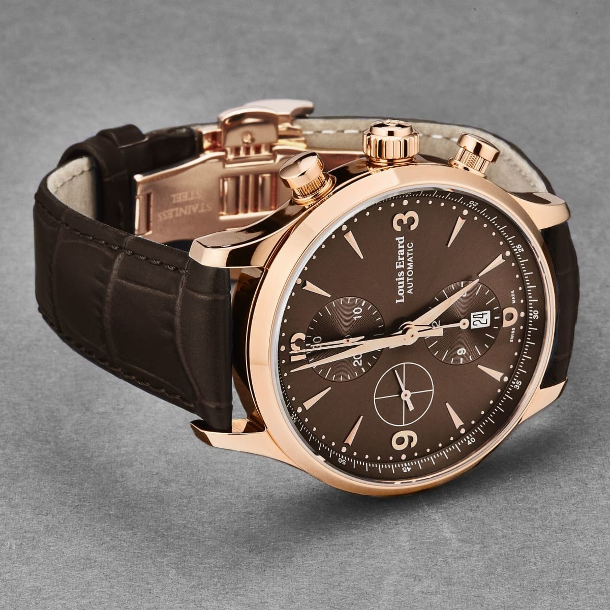 A Louis Erard Men's '1931' Chronograph Brown Dial Brown Leather Strap Automatic Watch 78225PR16.BRC03 with brown leather straps and a brown dial.