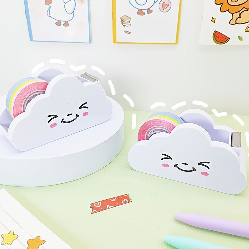A smiling cloud-shaped tape dispenser with details labeled, accompanied by a roll of rainbow Washi tape.