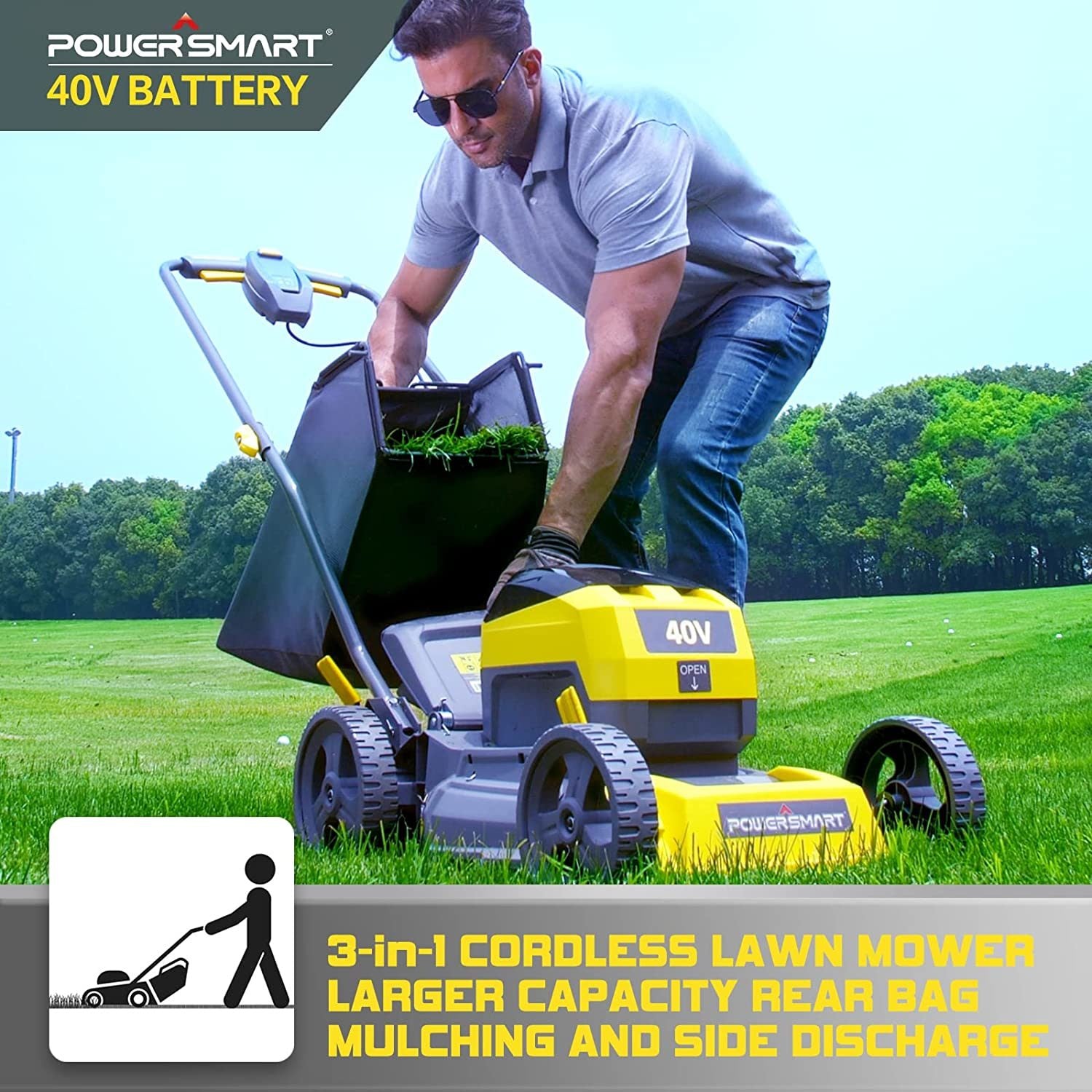 A Cordless Electric Lawn Mower F4017 Yellow with a yellow and black design, featuring a lithium battery and a detached charger.