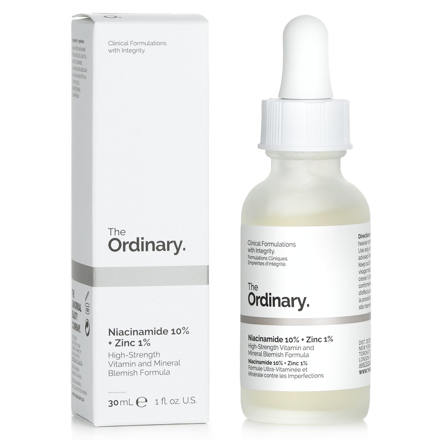 A bottle of THE ORDINARY - Niacinamide 10% + Zinc 1% 10028 / 190311 30ml/1oz serum on a white background.